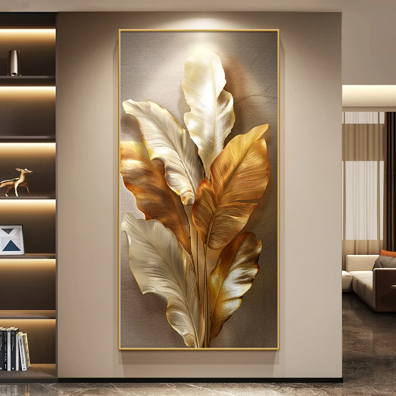 

Luxury Entrance 3D Golden Leaf Decorative Painting Abstract Art Crystal Porcelain With Hanging Painting Corridor Wall Decoration