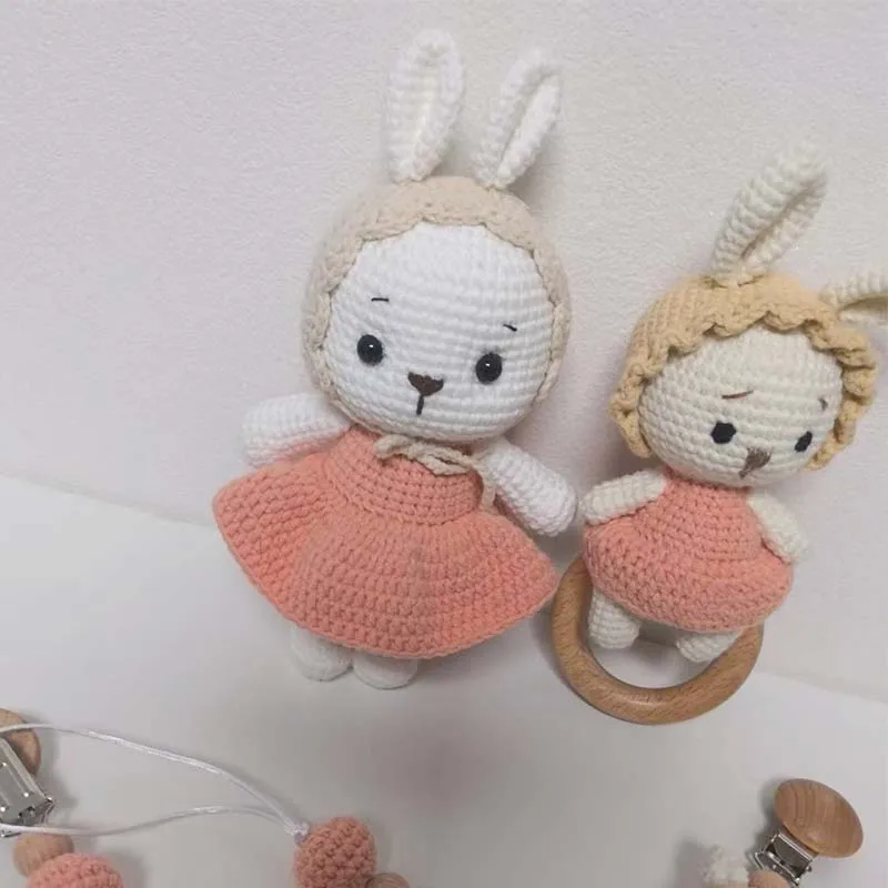 Customized name Handmade Crochet Animal Baby Teether Toy Wooden Newborn Bunny Stuffed Doll Cotton Towel Pacifier Chain Baby Gift