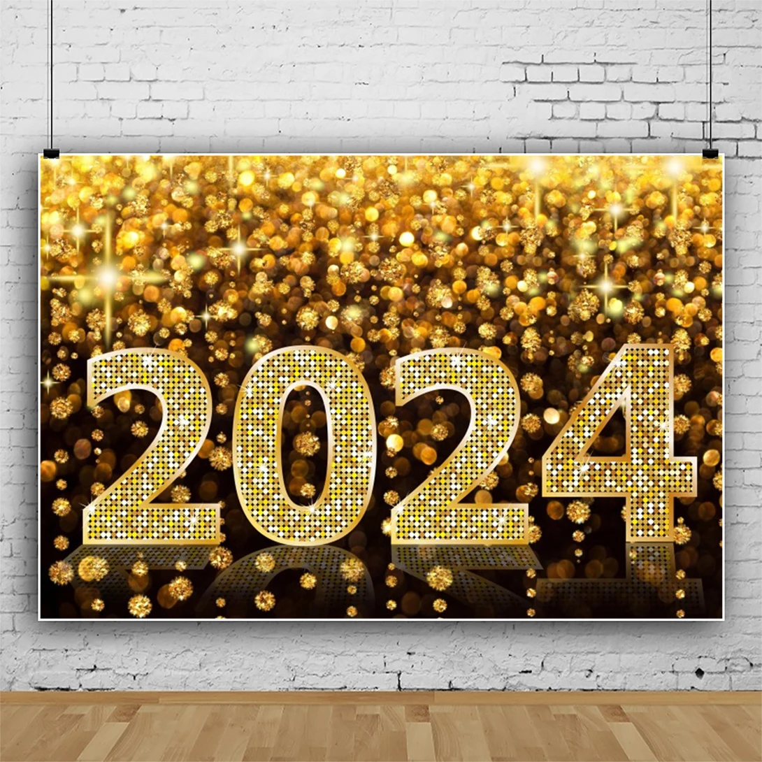 Laeacco Golden Glitter Countdown Backdrop 2024 Happy New Year Christmas Celebration Party Decor Portrait Photography Background