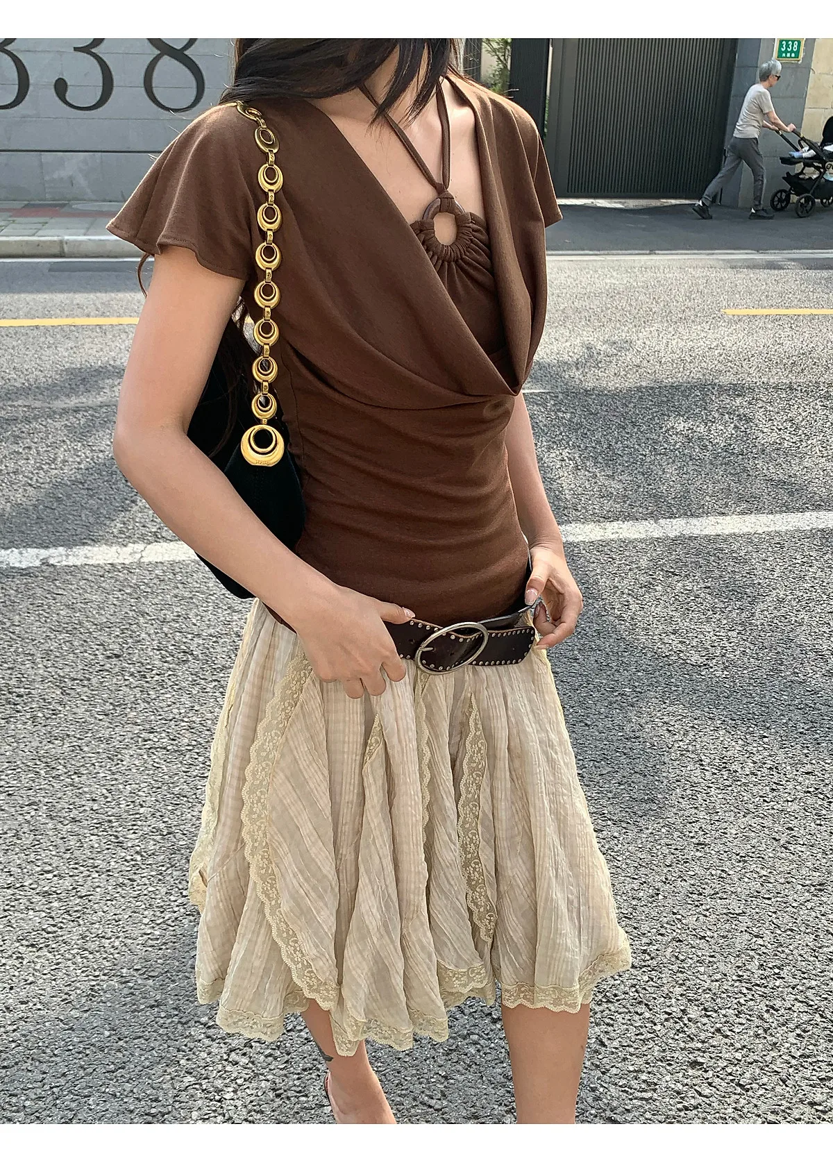 【MAR】 Women Summer Halter Knit Blouse Linen Mix Cowl Collar Gathered Waist Dual Layer Style Tee