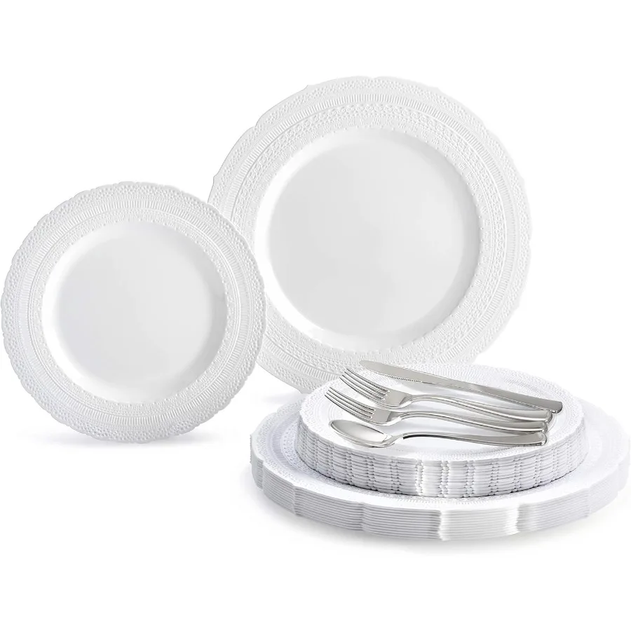 

150pcs set 25 Guests Extra Heavyweight Vintage Wedding Disposable Reusable Plastic Plates (25 x 11'' + 25 x 8.25'') +Silverware