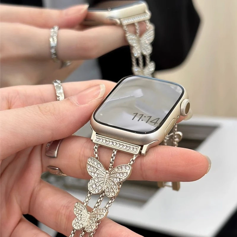 Correa elegante de mariposa con diamantes para Apple Watch Band 42mm 46 38 40 44 41 45 49mm pulsera de mujer iWatch Series Ultra 10 9 8 7 6