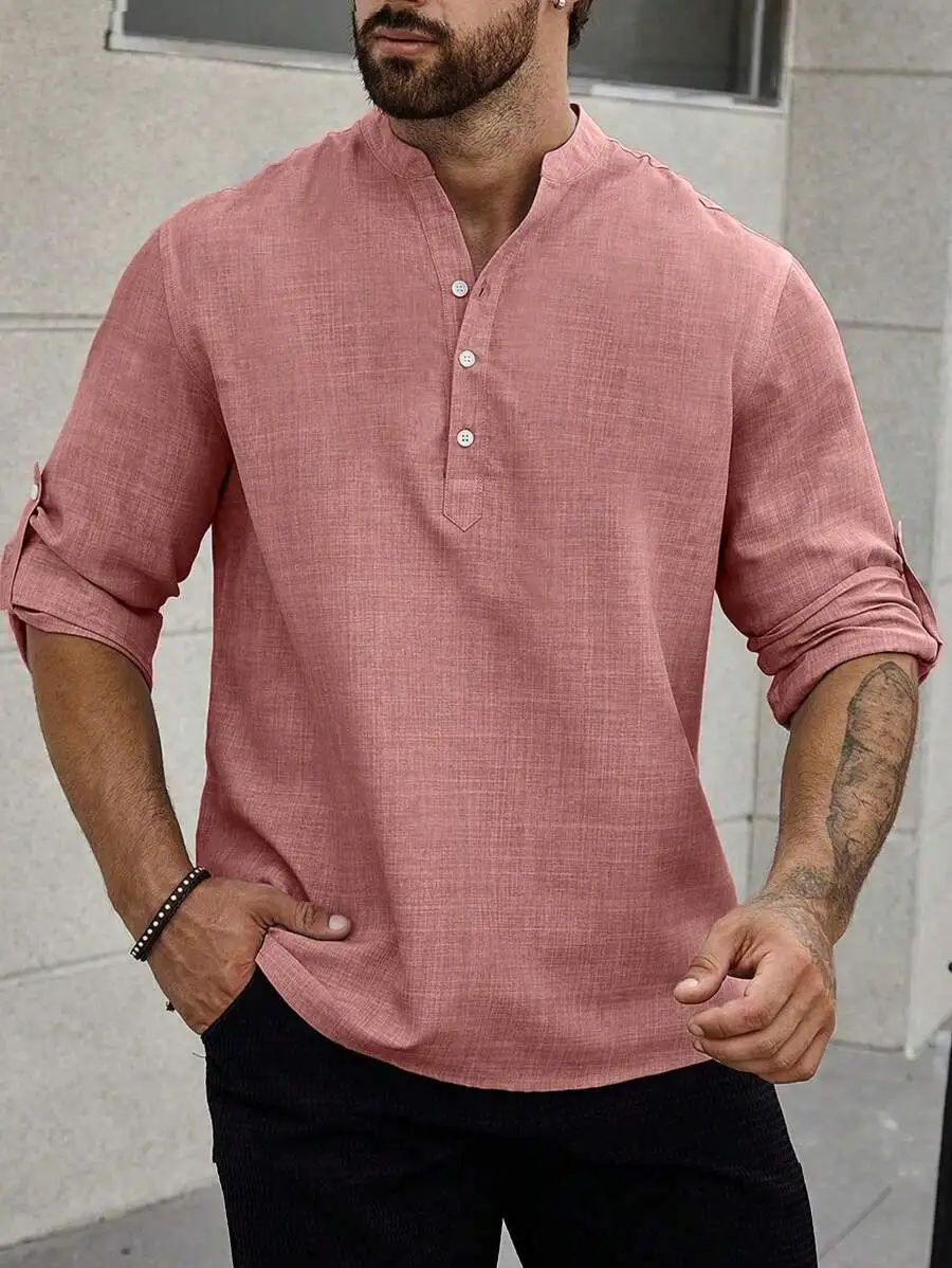 Manfinity Homme Loose Fit Men Half Button Roll Up Sleeve Shirt, Fall