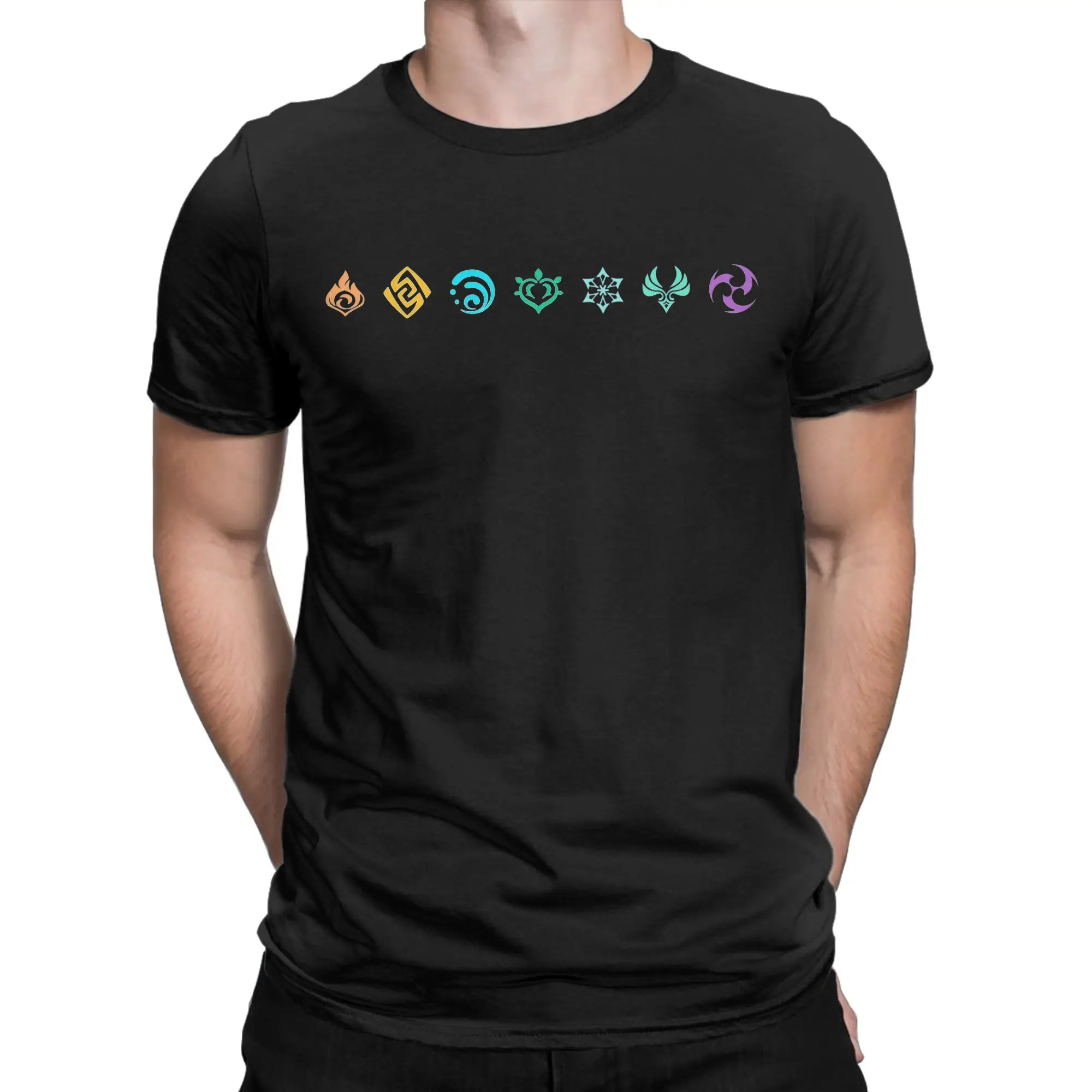 Genshin Impact T Shirts Men Women Cotton Funny T-Shirt O Neck Game Element Symbol Tee Shirt Short Sleeve Clothing 4XL 5XL