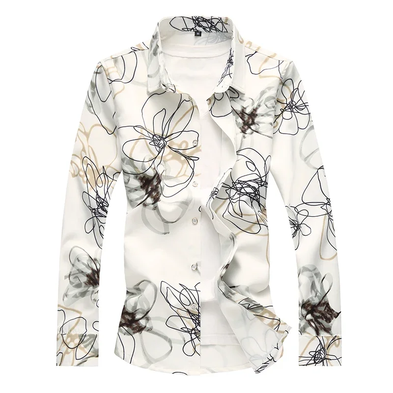 

White Men's Long Sleeve Printed Shirt, Asian Size M-5XL 6XL 7XL , Single Breasted Slightly Stretchable Lapel Flower Shirts,