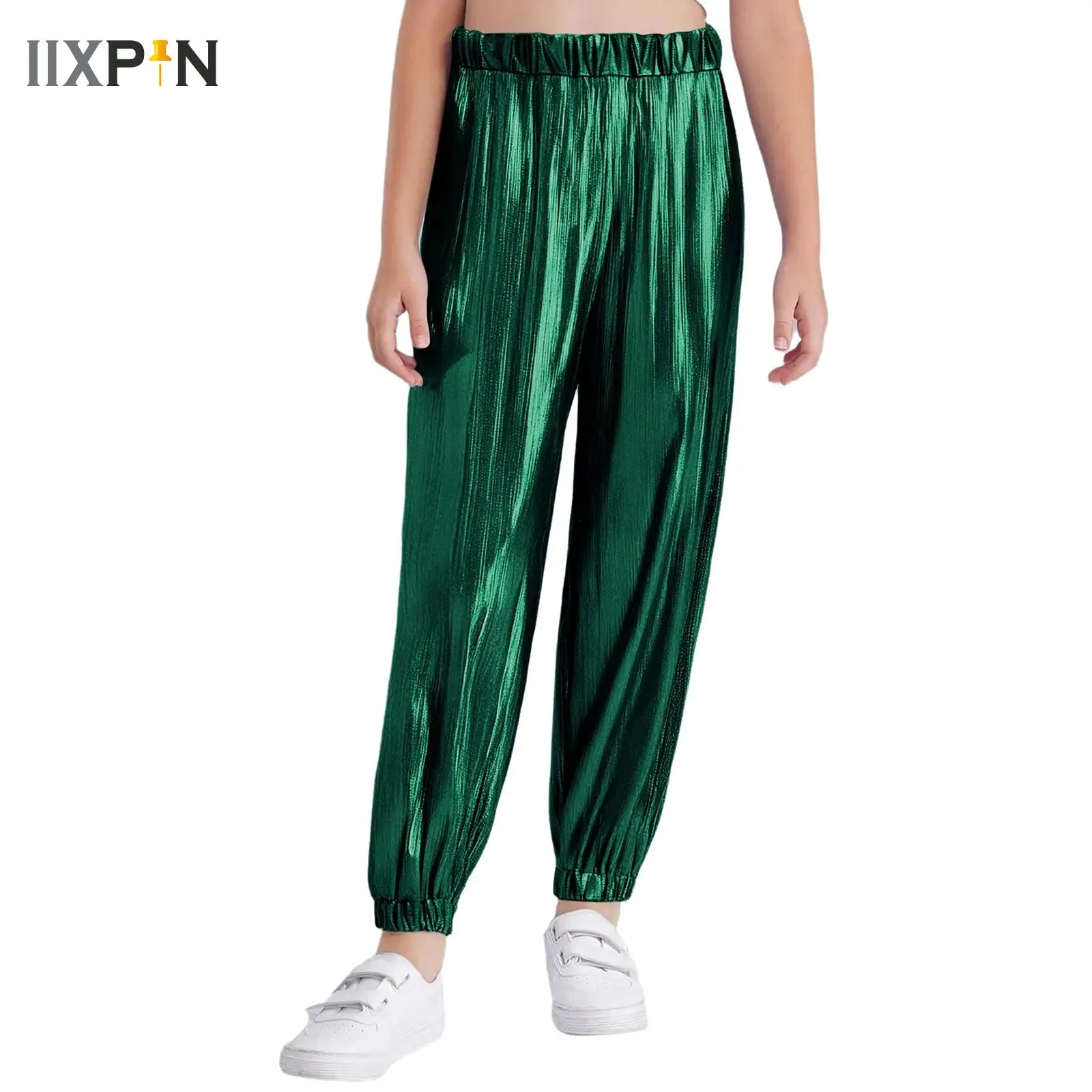 

Kids Girls Jazz Dance Pants Metallic Leggings Elastic Waistband Ribbed Pants Dancewear Children Trousers for Dance Party Costume