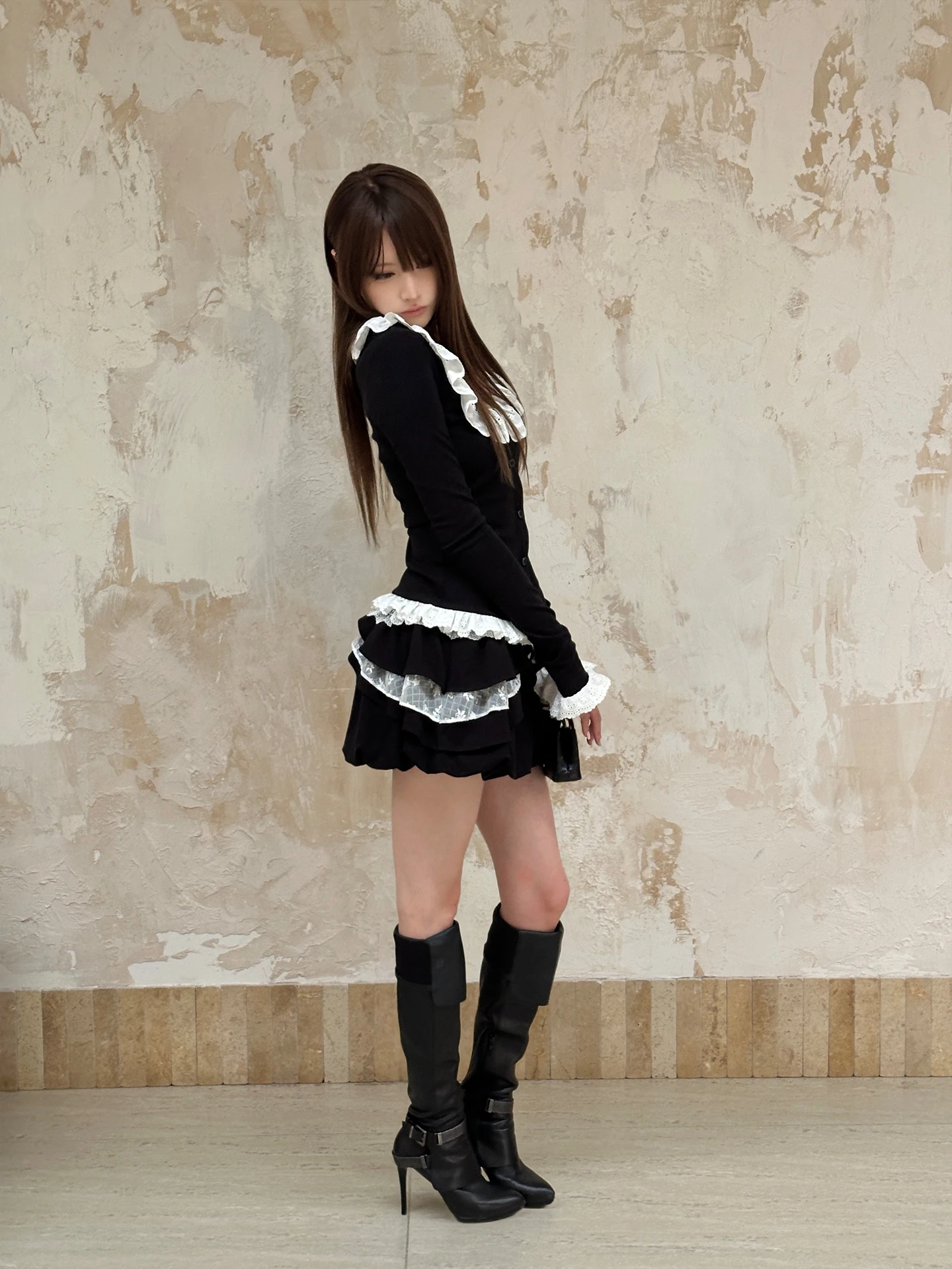 Black Lace Bloom Half Skirt Puffy Short Skirt Low Waist Cotton Blend Elastic Micro Elasticity Standard Fit Side Zipper Closure