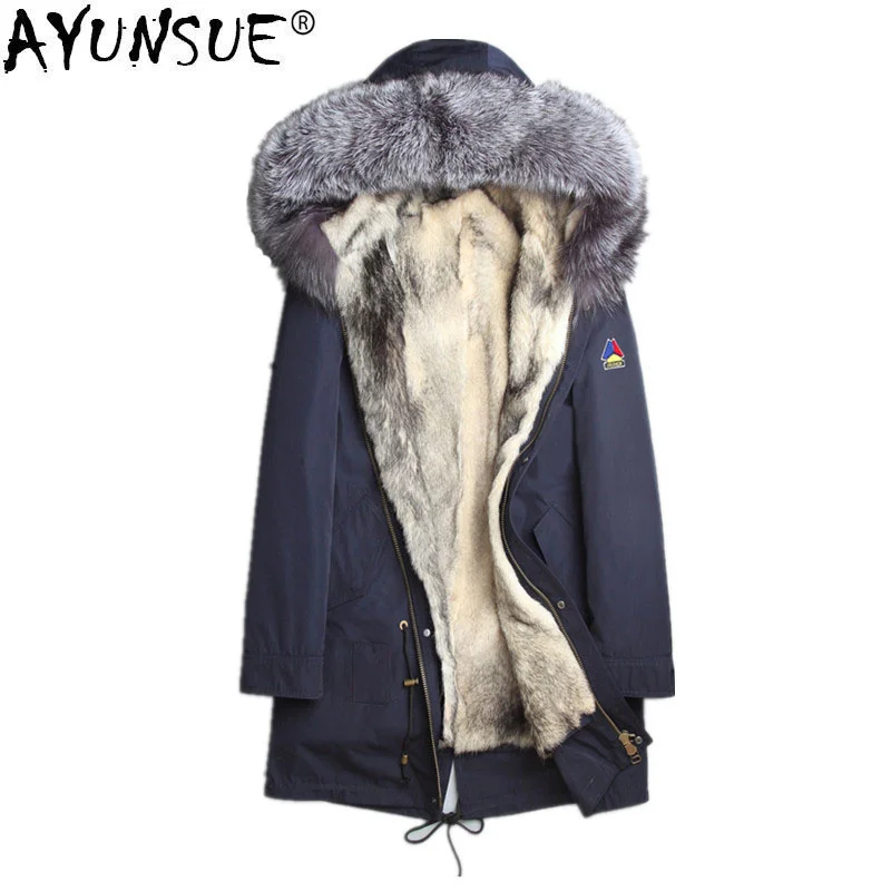 

Winter Jacket Men Wolf Fur Liner Coat Real Fox Collar Parka Natural Warm Long Overcoat L18-3001 MY766