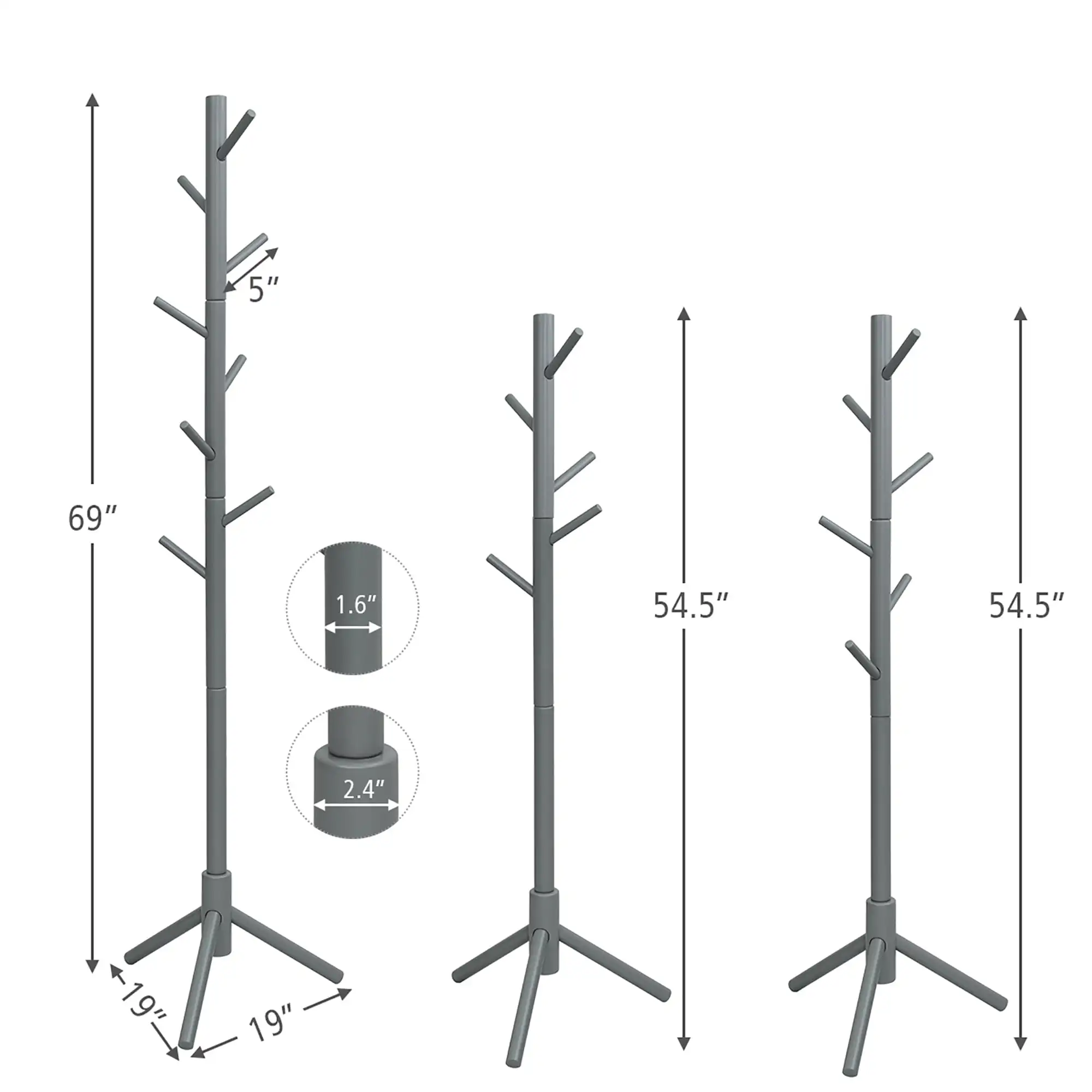 Wooden Coat Rack Stand Hall Tree Entryway Organizer 2 Heights w/ 8 Hooks Grey