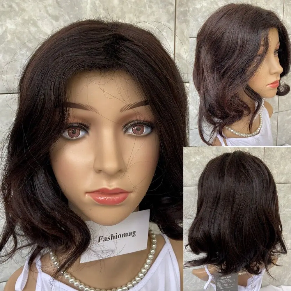 Charming Wavy Dark Brown Human Hair Blend Heat Women Soft Natural Daily Wigs