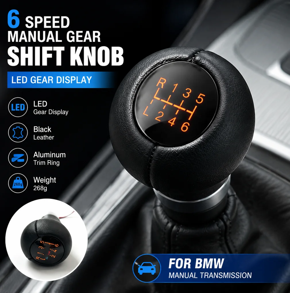 6 Speed Manual Gear Shift Knob LED Gear Display for BMW Manual Transmission Black Leather Shifter Handle