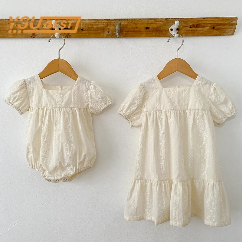 Summer Toddler Baby Girls Grid Embroidery Dresses Girl Baby Romper Infant Children Cotton Short Sleeve Girls One-piece Rompers