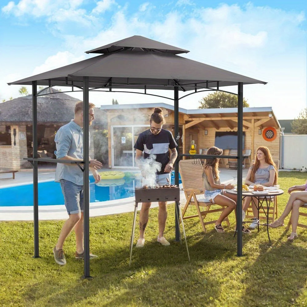 8'x 5' Outdoor Grill Gazebo Barbecue Canopy BBQ Grill Tent w/ Shelves&Hooks Grey