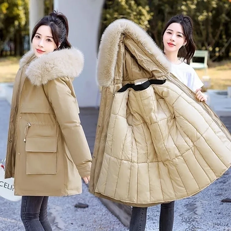 Detachable Short Parka Women\'s 2024 Winter New Fur collar Thicken Cotton Snow Jacket Ladies Warm Outerwear Female Hooded Parkas