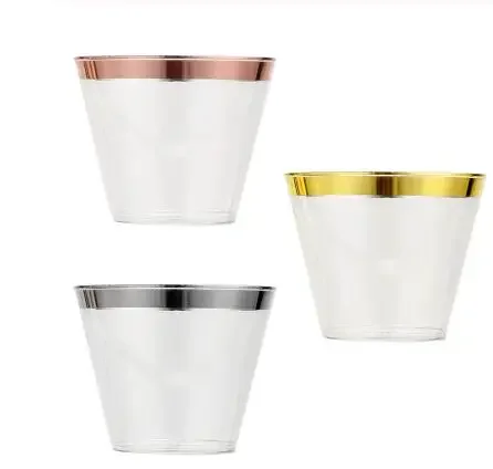 50pcs Rose Gold Border Wine Cup 9oz Plastic Glass Cup Clear Disposable Edging Decor For Wedding Party Dinking Cocktail Supplies