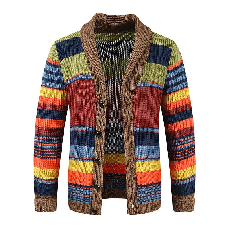 

Men's Rainbow Aliexpress New European And American Style Sweater Jacket Autumn Winter Turn-Down Collar Color Block Knitted