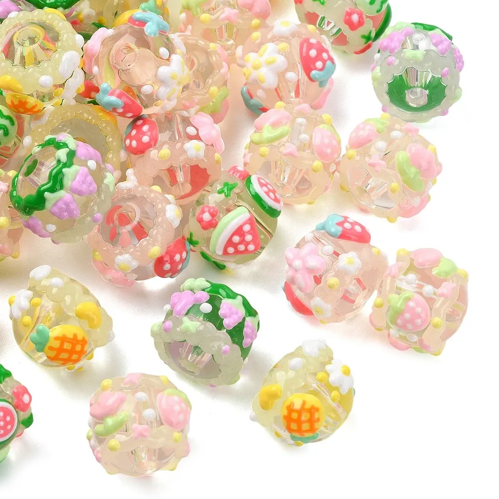 40pcs Flower Fruit Round Resin Luminous Enamel Beads 3D Hand Painted Barrel Loose Beads for Crafts Bracelet Making Jewelry Decor