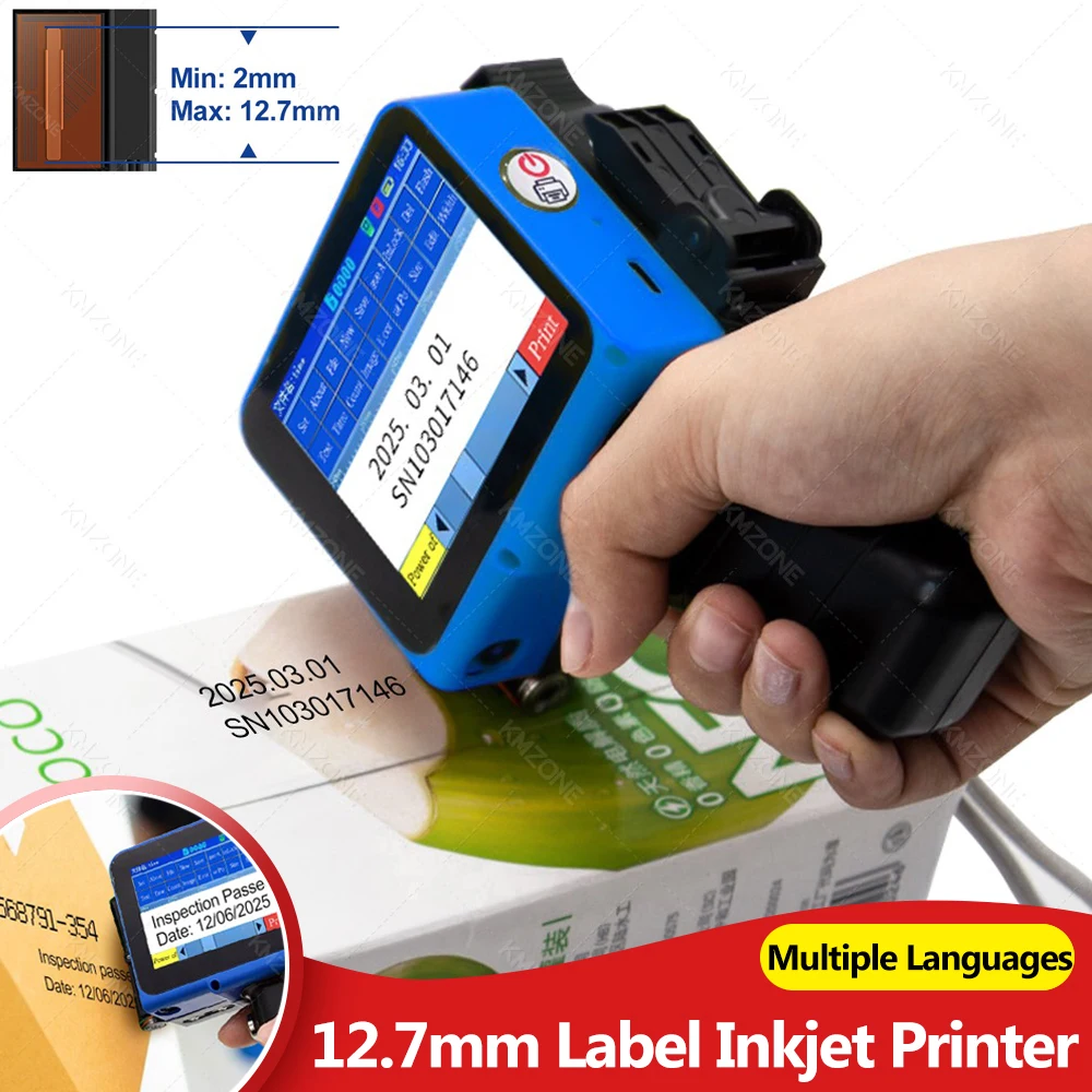 12.7mm Portable Inkjet Printer Mini Handheld Label Printer 600dpi Multiple Languages for Batch Serial Number Plastic Wood Fabric
