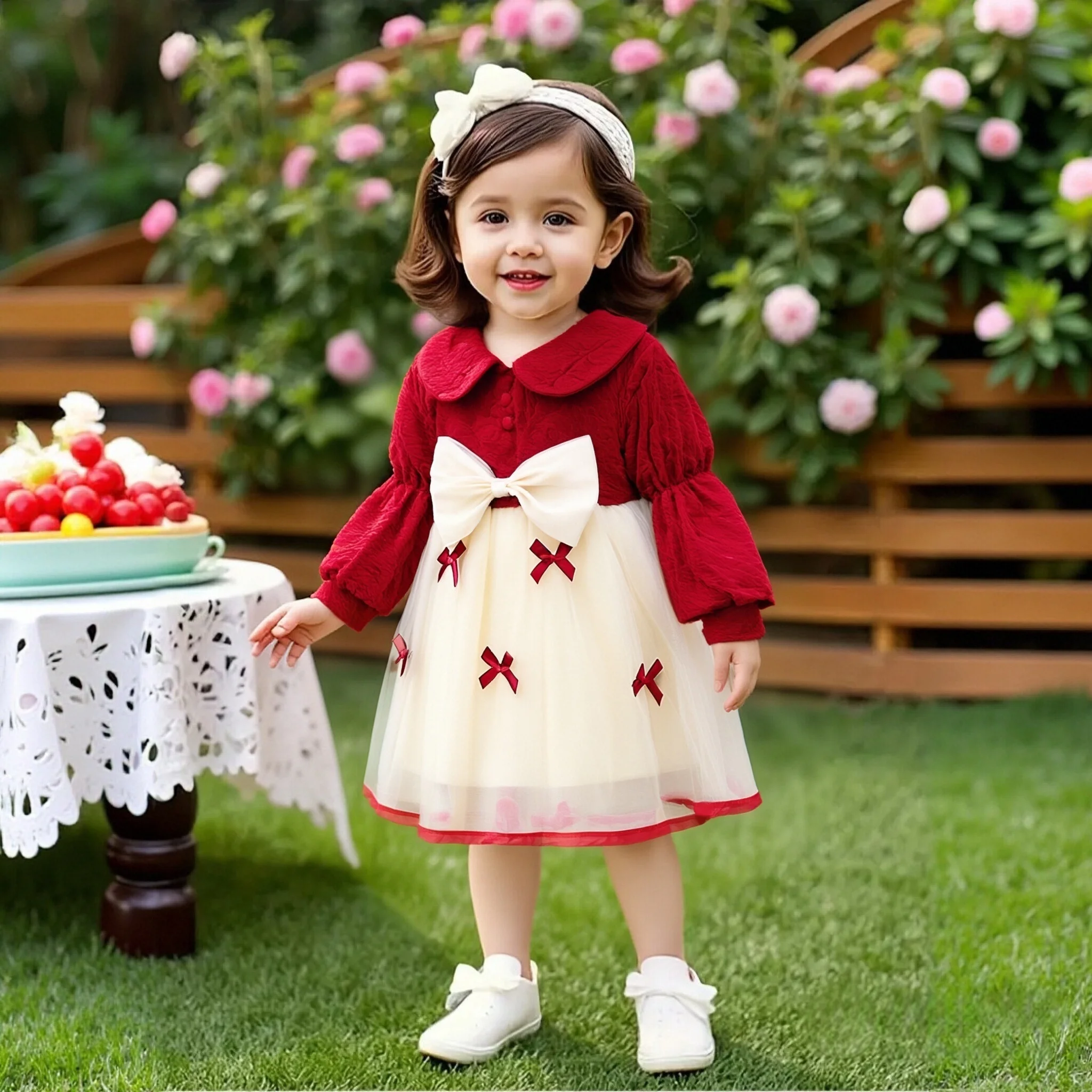 

Baby Girl Dress Spring And Autumn Color Block Bow Doll Collar Mesh Long Sleeve Baby Dresses Cute Casual Girls' Clothing
