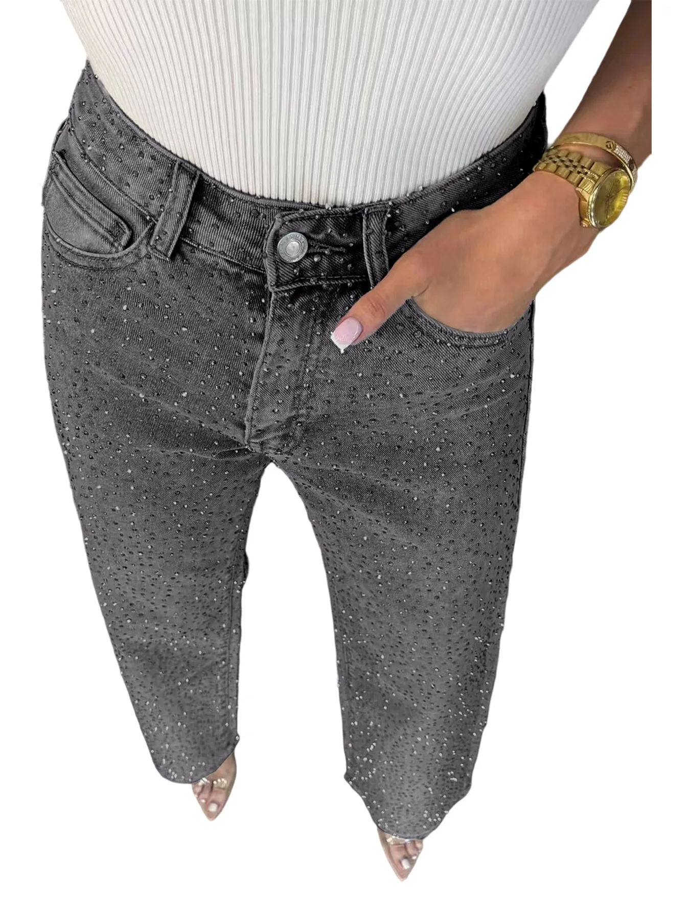 D8751 Women's High-Waisted Straight Leg Denim Pants with Full Rhinestone Wash - Trendy Flare Leggings