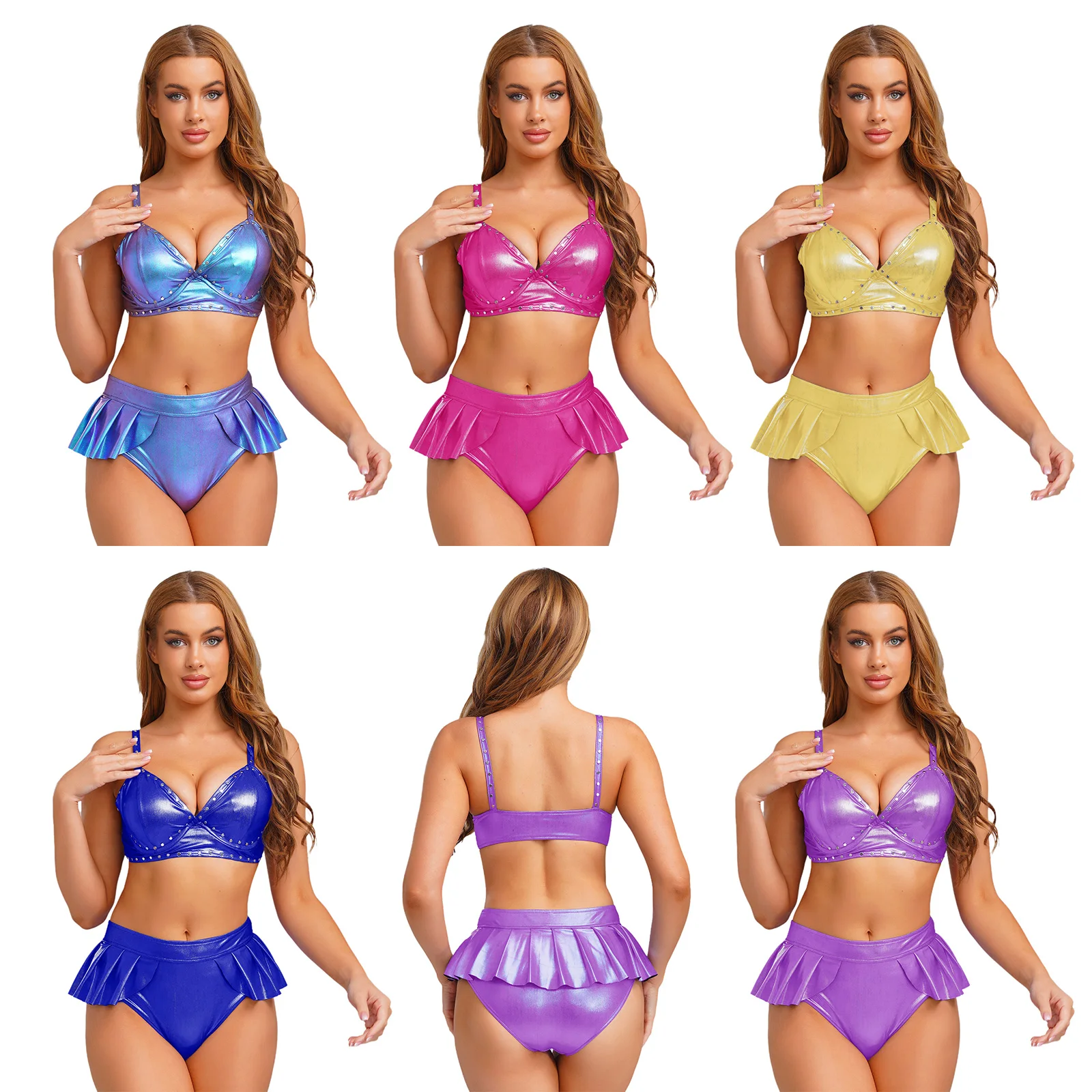 Dames metallic paaldansset feest clubwear outfits bikini hemdje bh tops en slips met geplooid 2-delig badpak