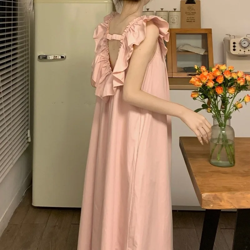 Backless Women Nightgown Ruffles Sleepwear Sleeveless Night Wears Solid Nightgowns Home Sleeping One Piece Pajamas Dress Robe