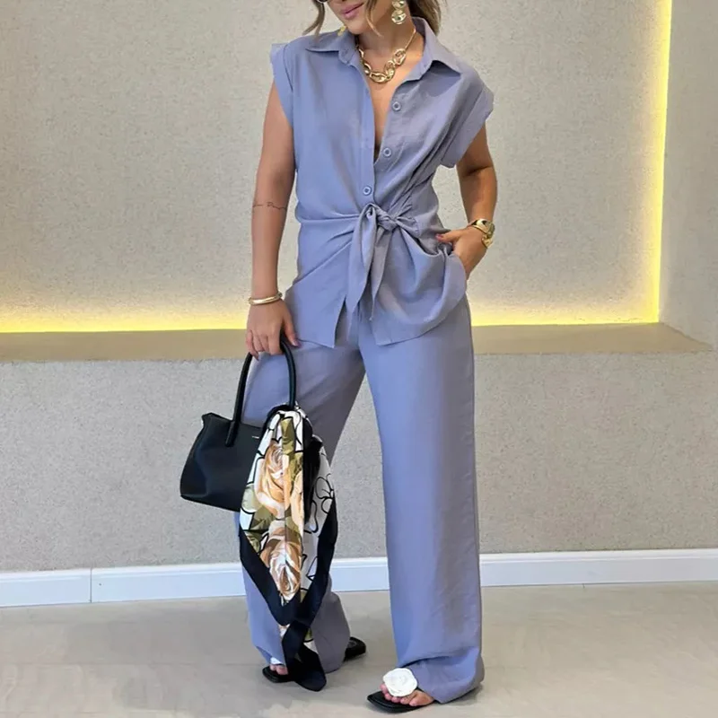 

Женские новые однобортные рубашки без рукавов и комплекты широких брюк, модный свободный наряд, простые однотонные комплекты из 2 предметов High Street