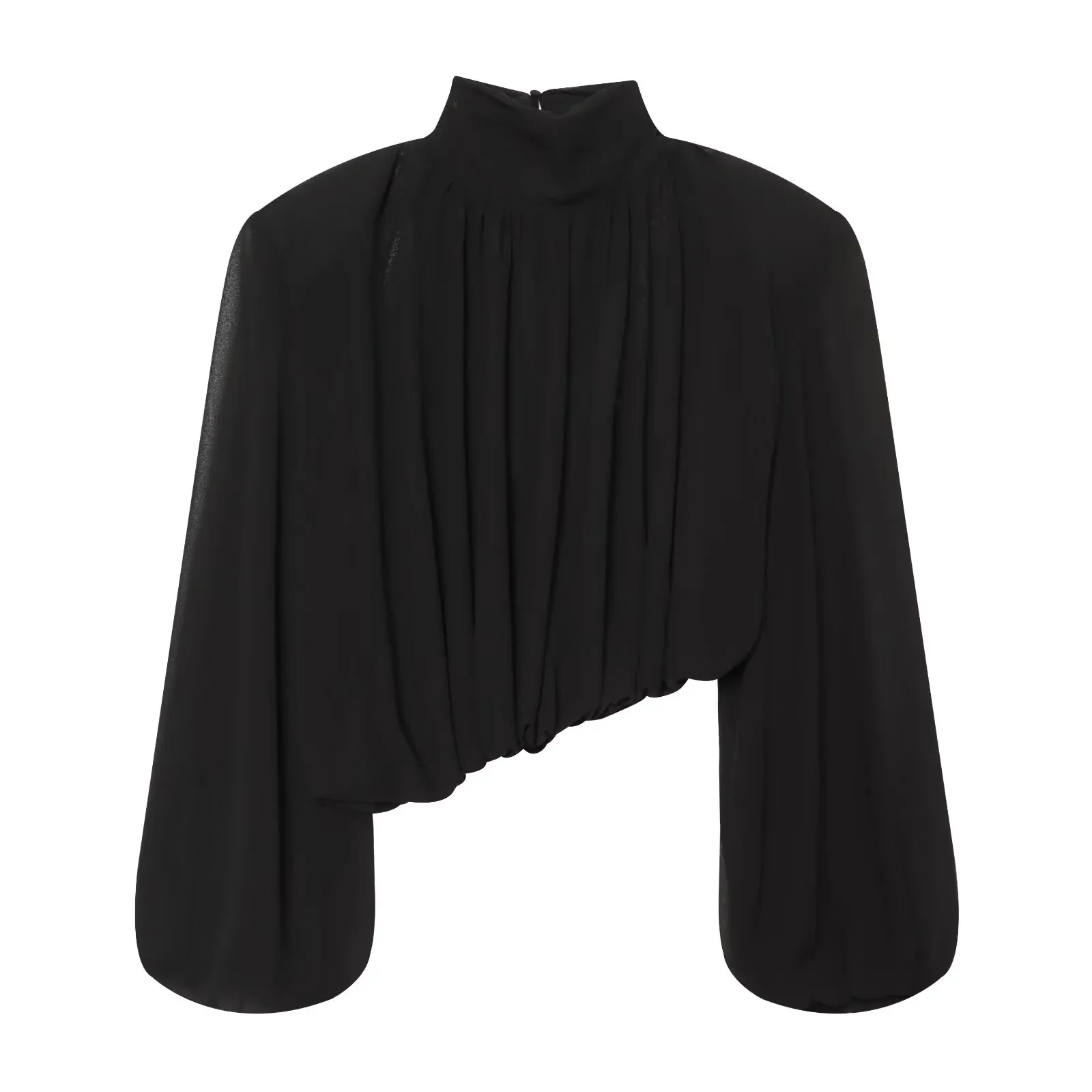 European and American 2026 autumn new style, elegant and fashionable, easy-matching, asymmetric, padded shoulder, bubble hem top
