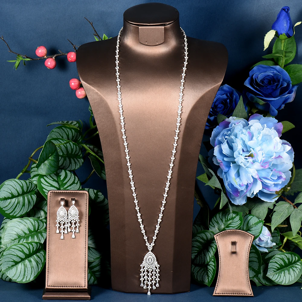 

HIBRIDE Luxury AAA Cubic Zirconia Charm Necklace And Earring Set Long Water Drop Sweater Chain Jewelry Set For Women Gift N-1291