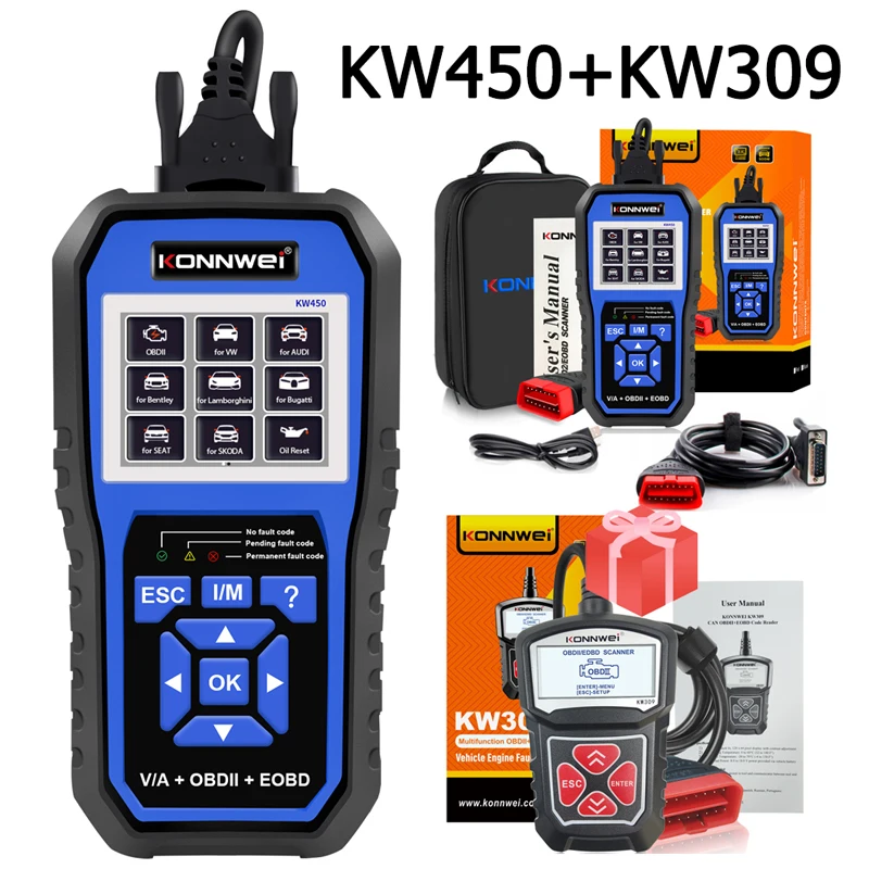 

KONNWEI Все системы автомобиля KW450 OBD2 диагностический инструмент для VAG для VW для Audi ABS подушка безопасности масло TPMS сканер сброса и KW309