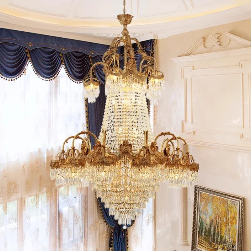 Lámpara colgante decorativa de boda de Hotel francés, candelabro de latón y cristal de lujo de gran tamaño de estilo europeo