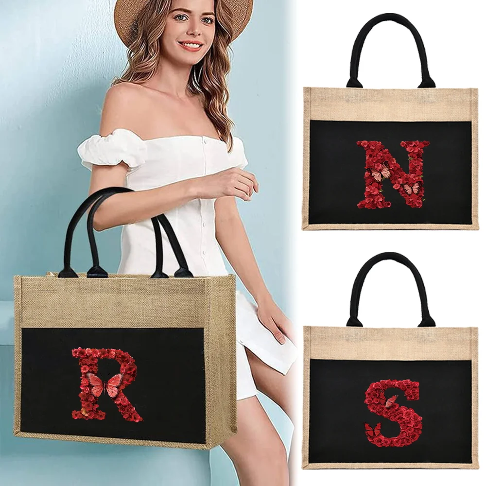 

Shopper Bag Retro Coarse Linen Cloth Bag Linen Gift Bag Handheld Red Rose Series Multiple Styles Summer Beach Shoulder Bags