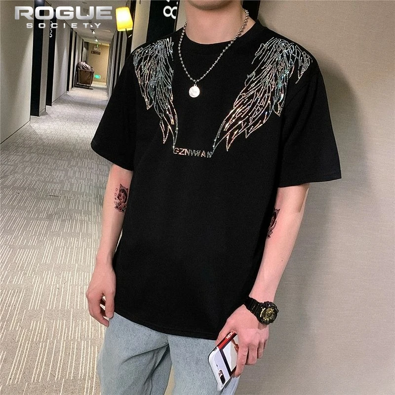 New Streetwear Summer Rhinestone Phoenix Print Men Tshirt Pure Cotton HipHop Gothic Harajuku Punk Y2K Casual Trendy Tees Unisex