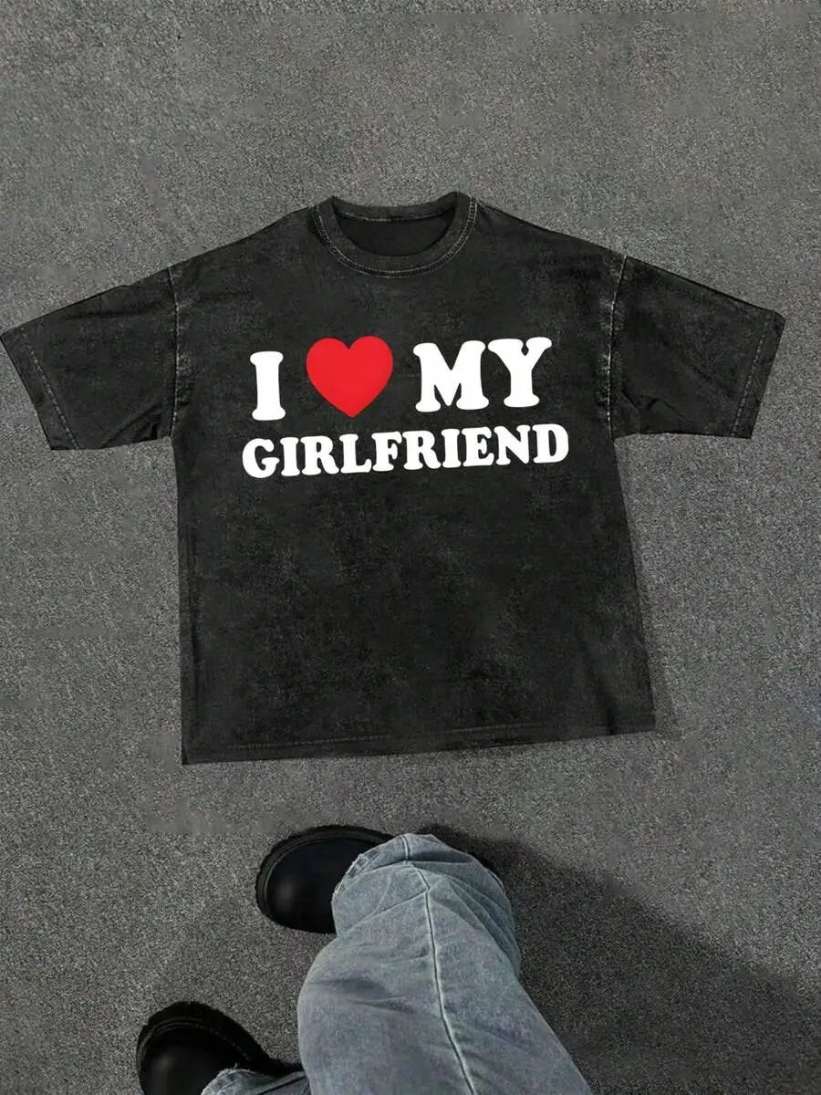Men's Washed T-Shirt With I Love My Girlfriend Print Comfortable Soft Short Sleeve 230gsm Washable T-Shirt