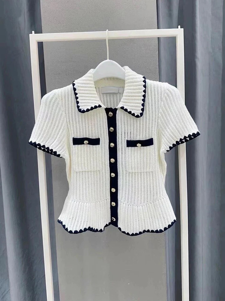 

Высококачественный женский вязаный топ с воротником irt Color Blo Fragile Sle Top Vintage Commute Sle ort Sve Regular Fit Button Design