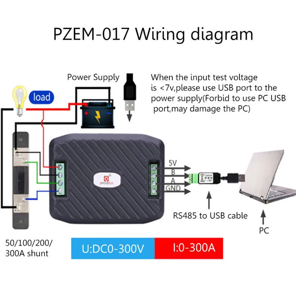 PZEM-017 DC Shunt Voltage Current Meter RS485 Ammeter Serial Communication Module Current Meter with 50A 100A 200A 300A Shunt