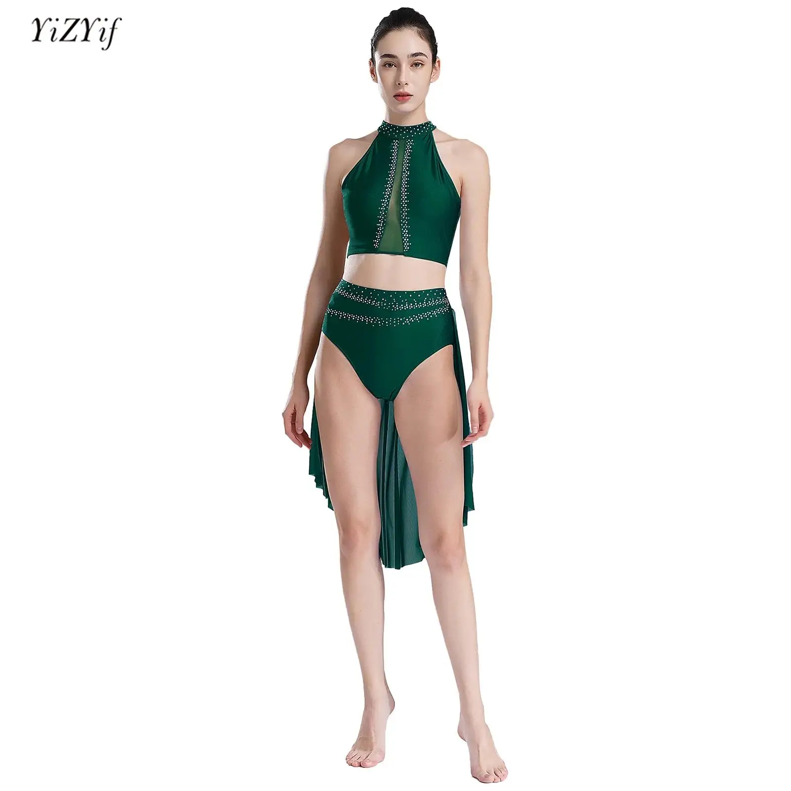 Lyrische Tanz kostüm Outfit Damen glänzende Strass steine rücken freie ärmellose Neck holder Crop Top fließende Rock Slips Ballett Dance wear