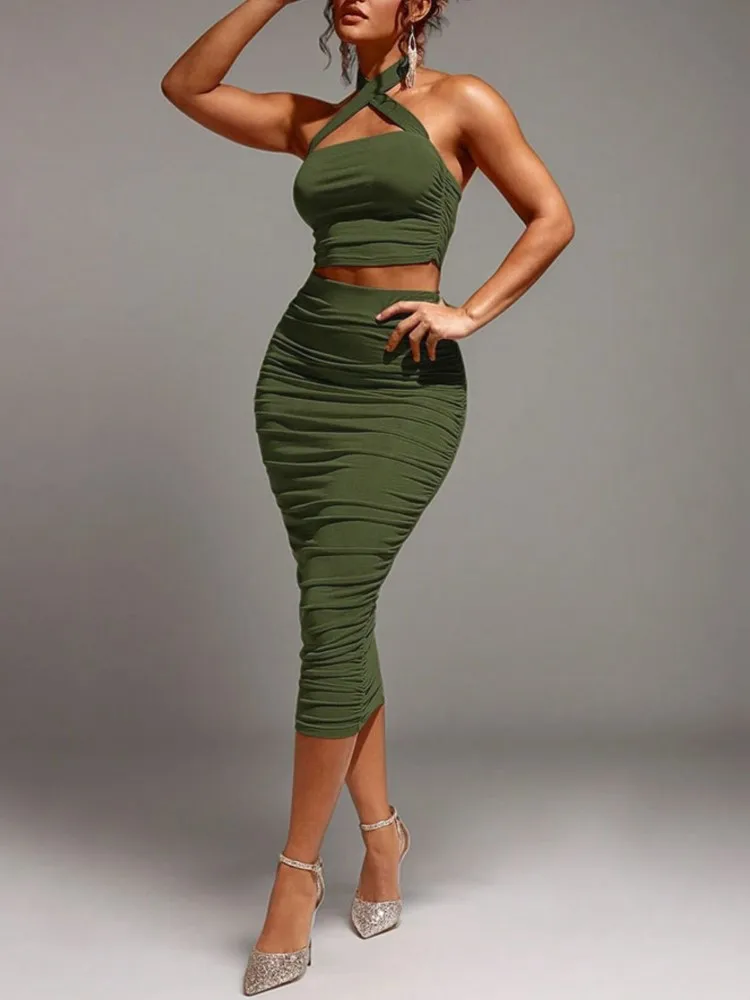 

Женский новый сексуальный стильный модный костюм для поездок на работу, летний простой однотонный плиссированный топ с подвесным воротником, утягивающая юбка, комплект из двух предметов