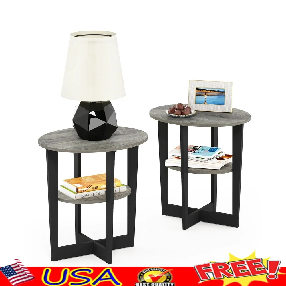 

Set of 2 Oval End Tables French Oak Gray Black Sturdy Storage Display Easy Assembly Indoor Use Rounded Edge Design