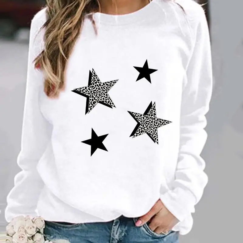 Leopard Star Trend Cute Woman Pullovers Clothing Ladies Spring Autumn Winter Hoodies Womens Female O-neck Casual Sweatshirts