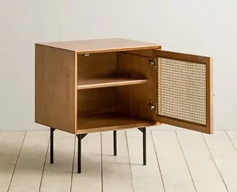 

Modern Bedroom Furniture Metal Leg Wood Panel Nightstand Rattan Bedside Table