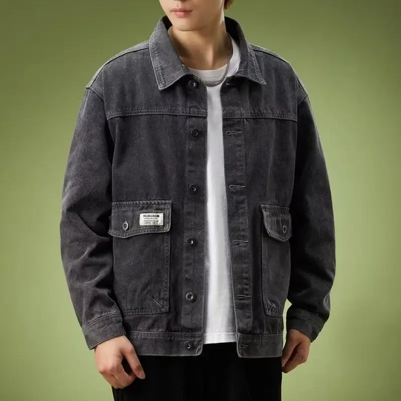 Autumn Winter Denim Jacket Men's Clothing Handsome Trendy Brand Korean Slim Fit Big Pocket Tooling Retro Versatile Jacket