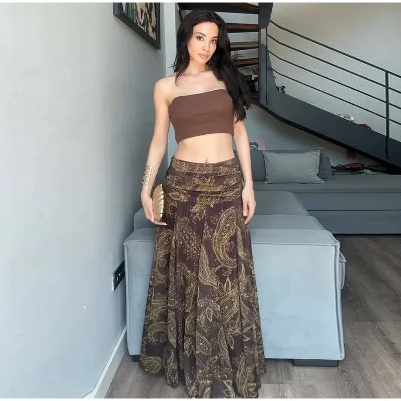 Summer Female Vacation Streewear Outerwear Print Long Skirt Women High Waist Ankle-Length Loose Swing Skirt