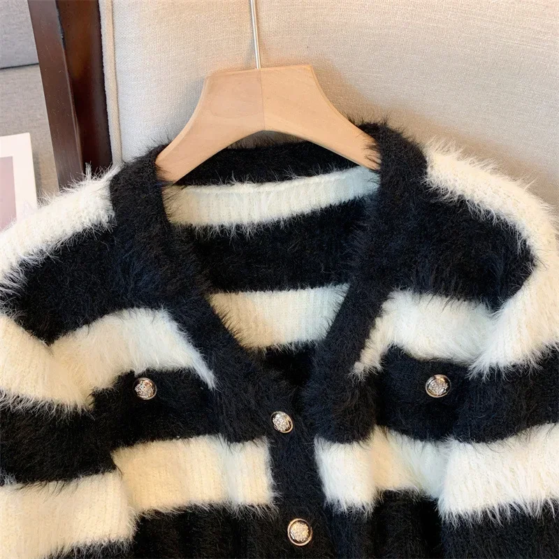 Women Winter Casual Stripe Buttons Up Sweater Coat V-neck Long Sleeved Cardigan Coat Warm Knit Office Overcoat Fall Short Jacket