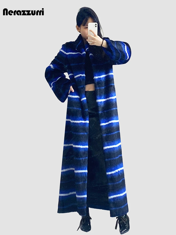 Nerazzurri Winter Extra Long Thick Warm Colorful Striped Fluffy Faux Mink Fur Coat Women High Quality Maxi Furry Overcoat 2023