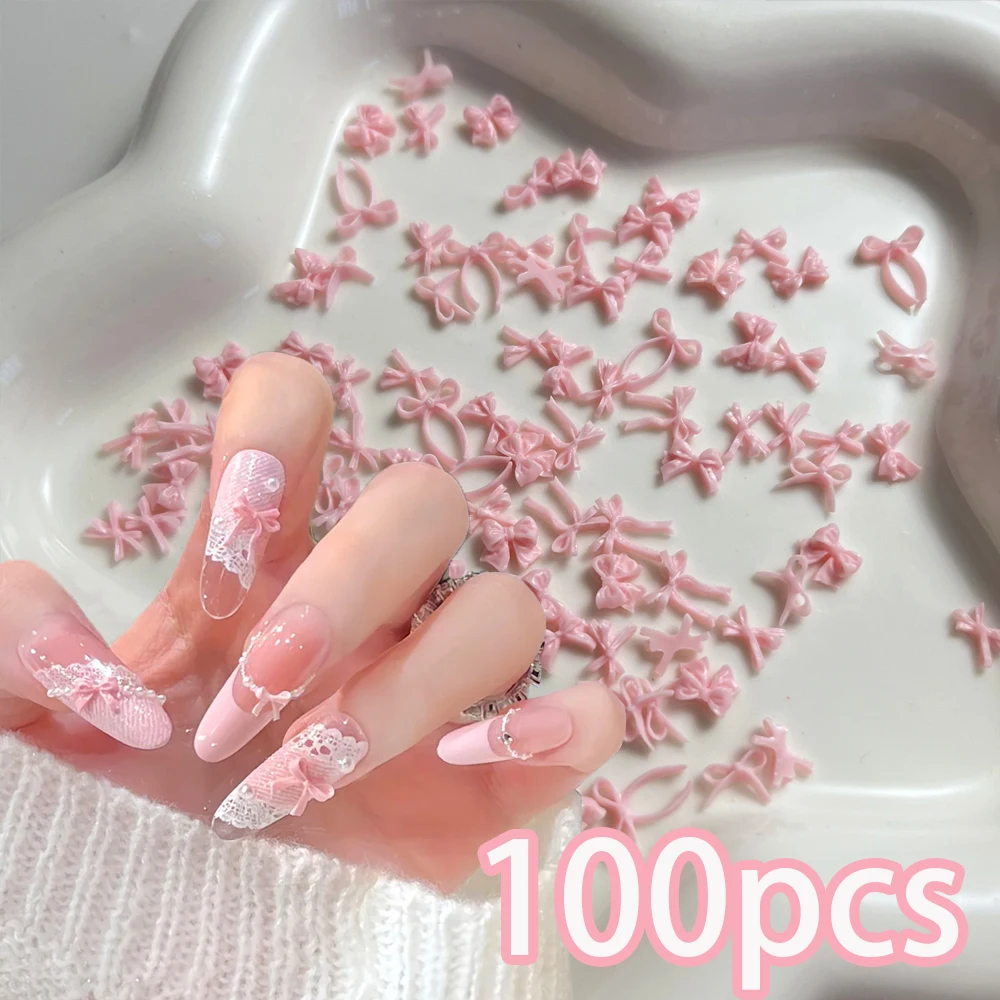 ﻿ 100 قطعة القوس الشريط الوردي مسمار الديكور ثلاثية الأبعاد الراتنج Kawaii الدانتيل Bowknot التعادل مسمار الملحقات الأبيض/الأزرق الحلو مانيكير السحر أجزاء