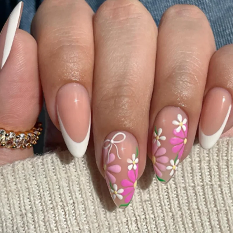 24PCS Retro Blue Simple Flowers Almond Press on Nails Full Cover Glossy White French Nail Golden Steel Ball Fake Nails for Women