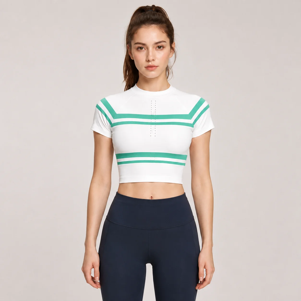 EOENKKY Women Quick Dry Yoga Crop Top Breathable Short Sleeve Striped Slim Fit Workout Gym Sports T Shirt