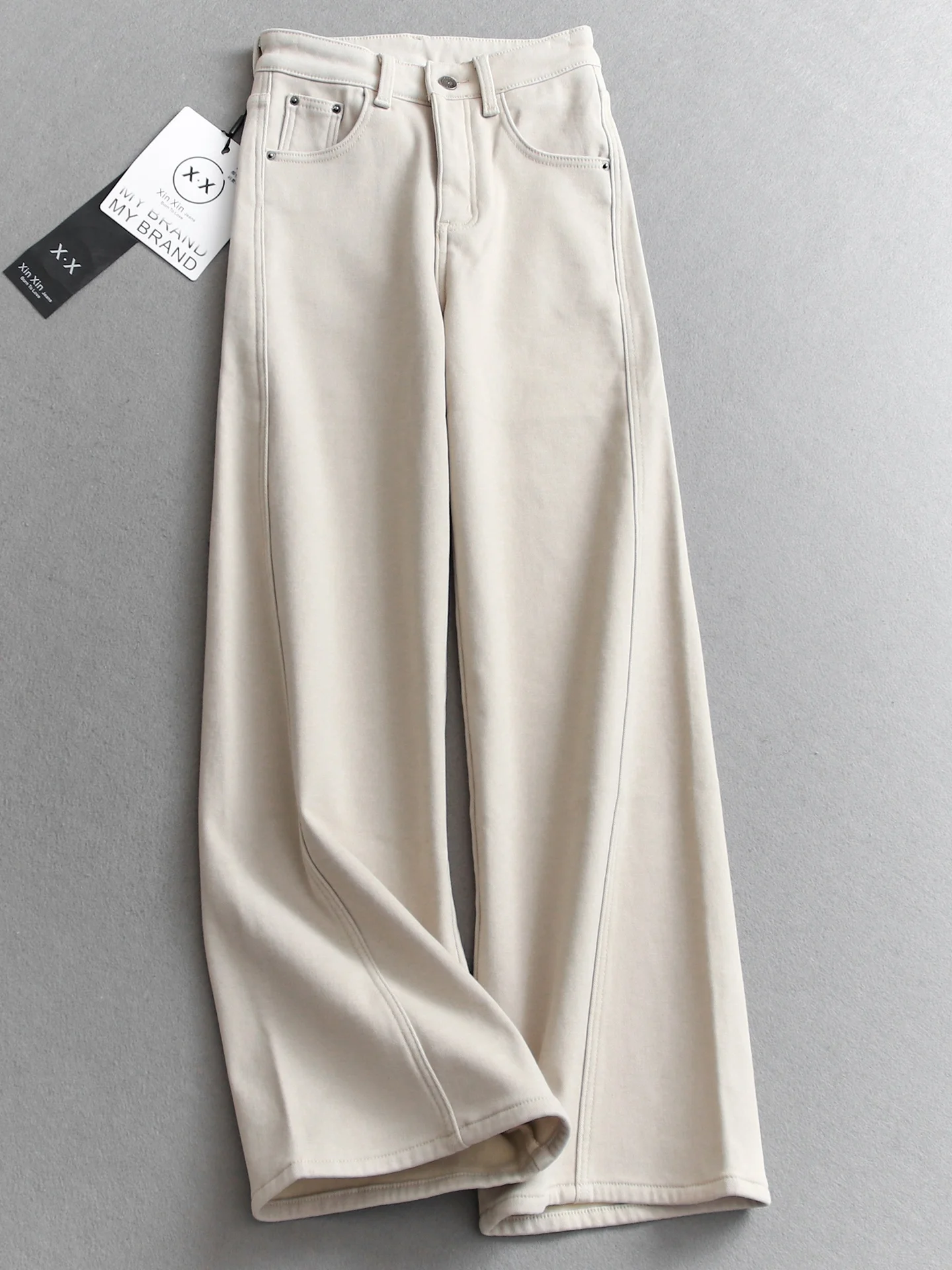 

High Waist Slimming Thickened Fleece Wide Leg Pants Pure Color Denim Casual Style High Temperature Resistant Warm Women's Jeans