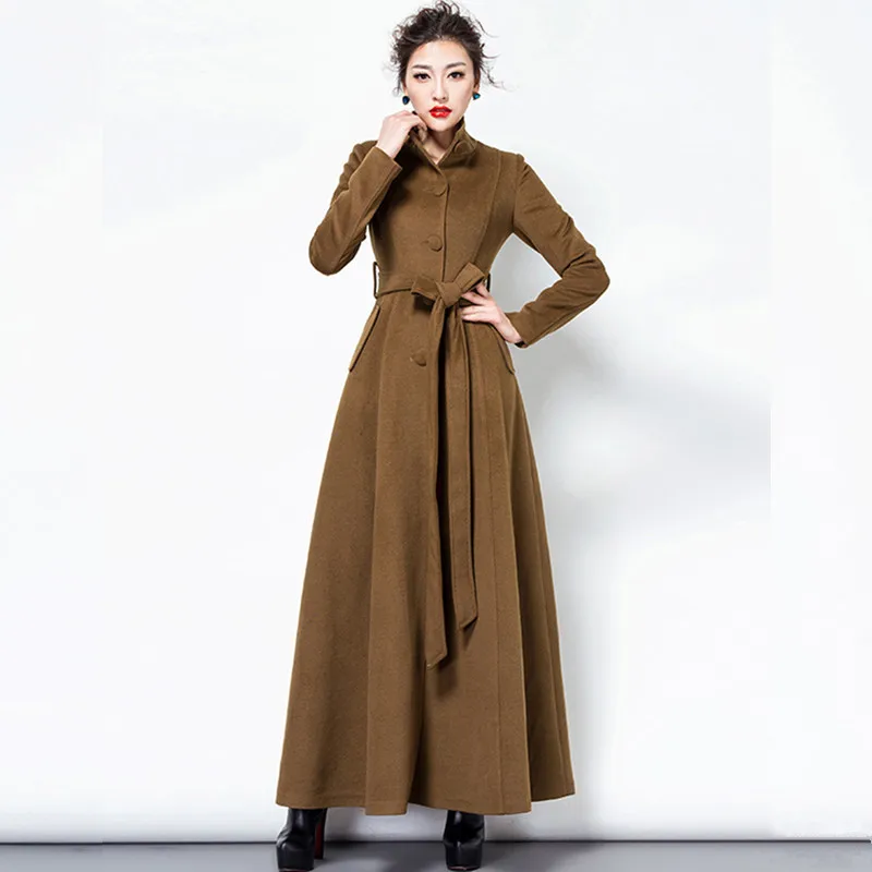 

Women Long Wool Coat Autumn Winter Nice Pop Fashion Thicken Tops Turtleneck Adjustable Waist Sashes Long Woolen Outerwear Female